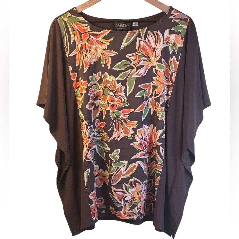 Bob Mackie Floral Women's Blouse - Brown and Orange Wearable Art Caftan Size Lg